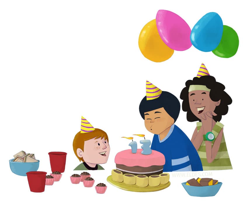 Illustration created by illustrator Eldes, showing young people singing Happy Birthday, for the textbook