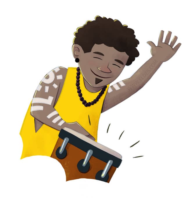 Illustration created by illustrator Eldes, showing a musician playing an atabaque drum, for the textbook