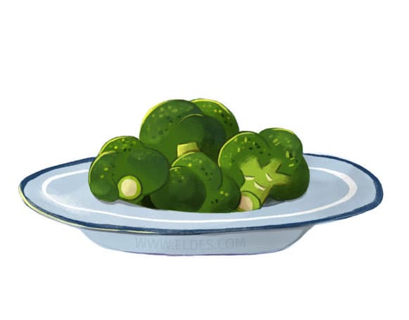 Illustration created by illustrator Eldes, showing broccoli on a plate, for the textbook