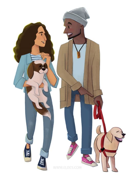 Illustration created by illustrator Eldes, showing two young people talking and walking dogs, for the textbook