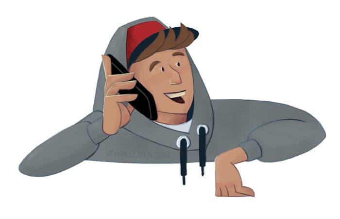 Illustration created by illustrator Eldes, showing a young person talking on a mobile phone, for the textbook