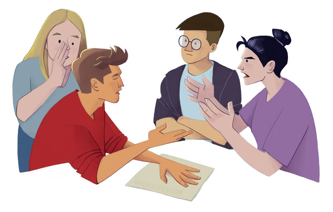 Illustration created by illustrator Eldes, showing a group of young people debating, for the textbook