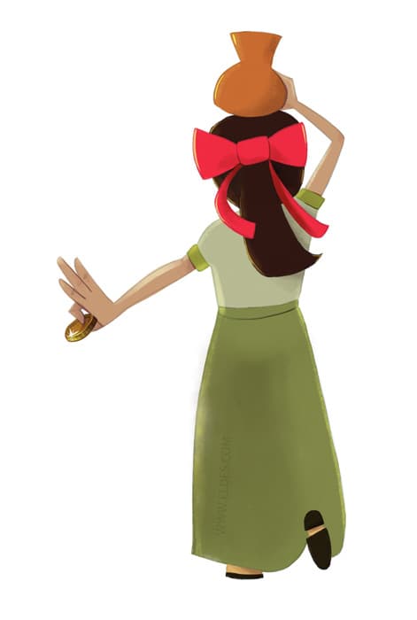 Illustration created by illustrator Eldes, showing a young person carrying a jar on their head, for the textbook