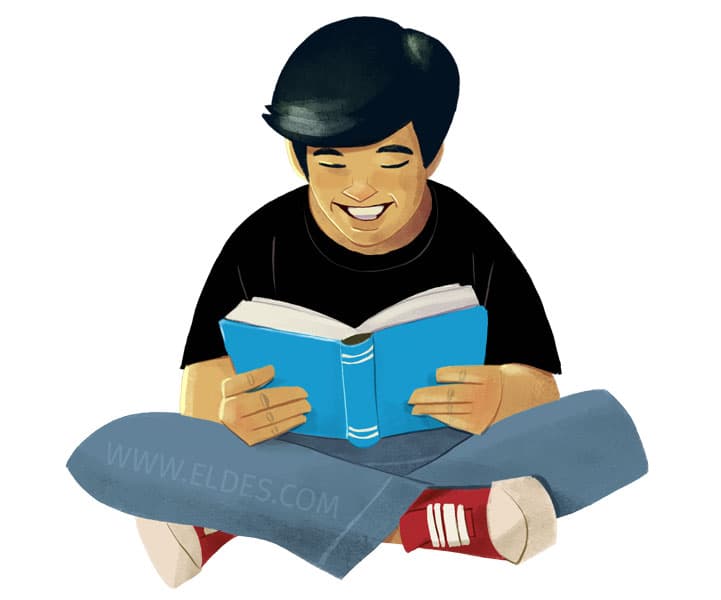 Illustration created by illustrator Eldes, showing a young person reading a book, for the textbook