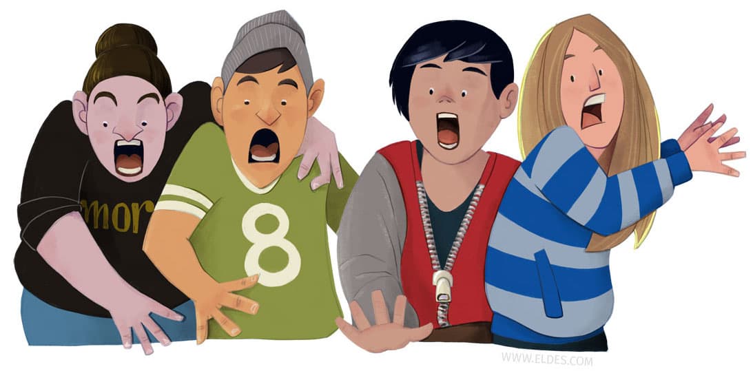 Illustration created by illustrator Eldes, showing a group of people terrified with fear, for the textbook