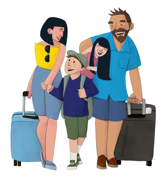 Illustration created by illustrator Eldes, showing a family carrying suitcases and preparing to board, for the textbook