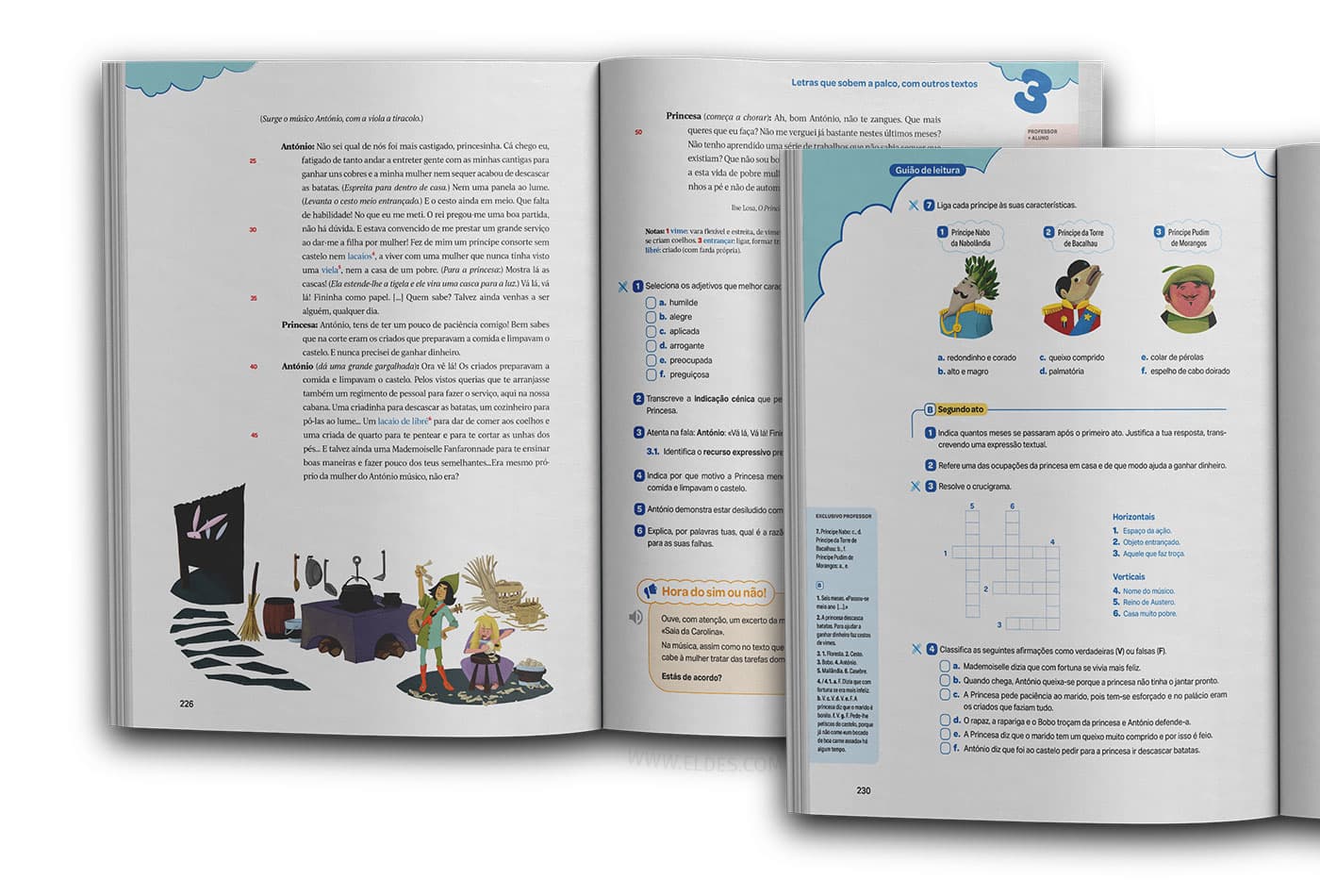 Mockup of the textbook Hora das Letras, showing illustrations related to the book The O Príncipe Nabo applied to the pages