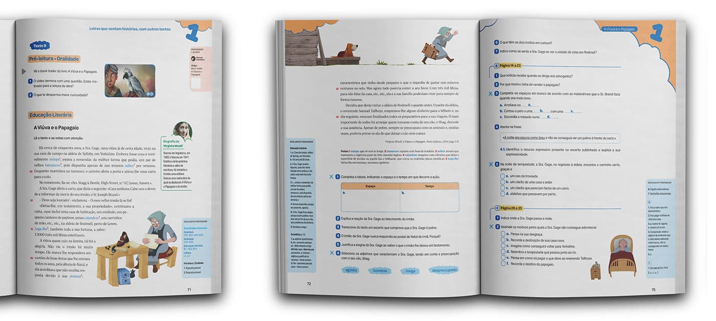 Mockup of the textbook Hora das Letras, showing illustrations related to the book The Widow and the Parrot applied to the pages