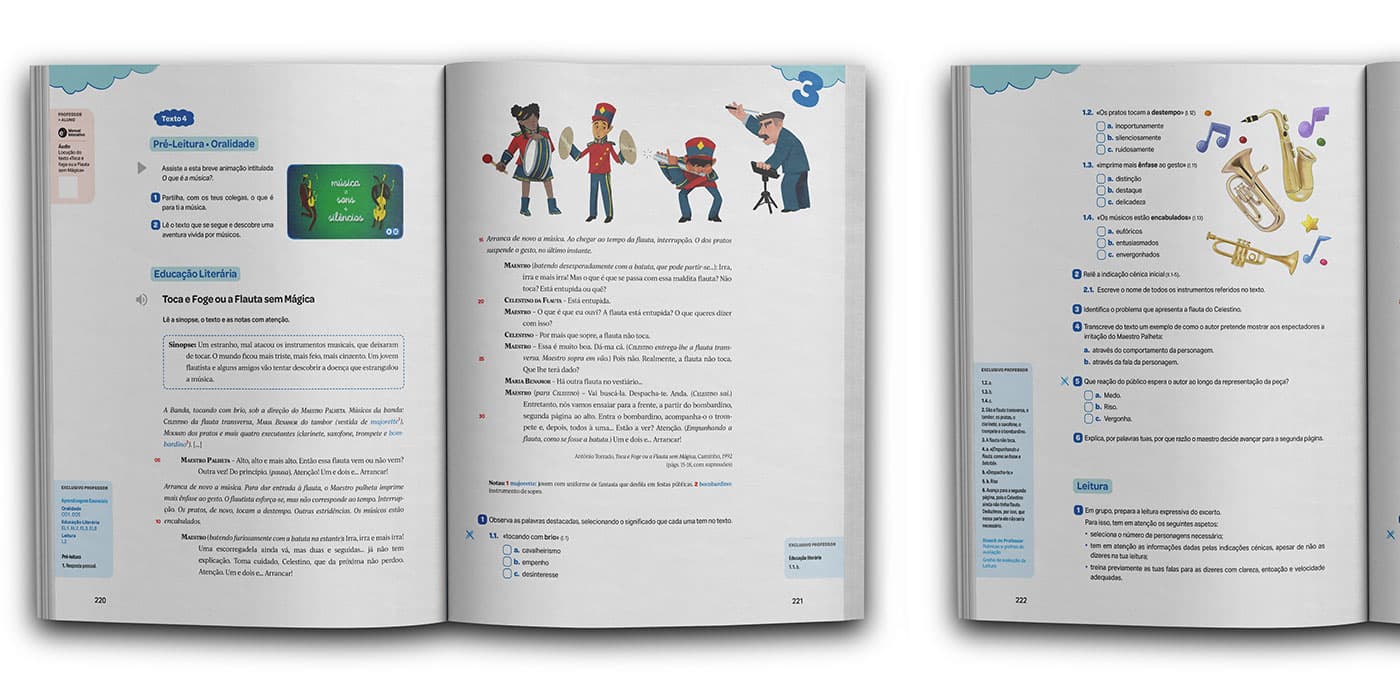 Mockup of the textbook Hora das Letras, showing illustrations related to the book Toca e Foge ou a Flauta sem Mágica applied to the pages