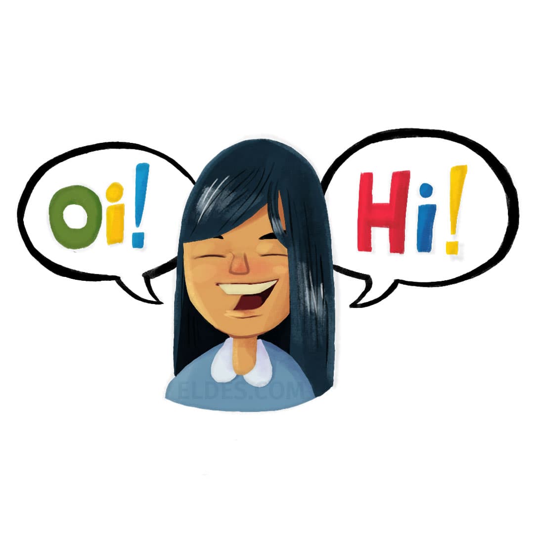 Ilustração de uma menina bilíngue dizendo "Oi" e "Hi"