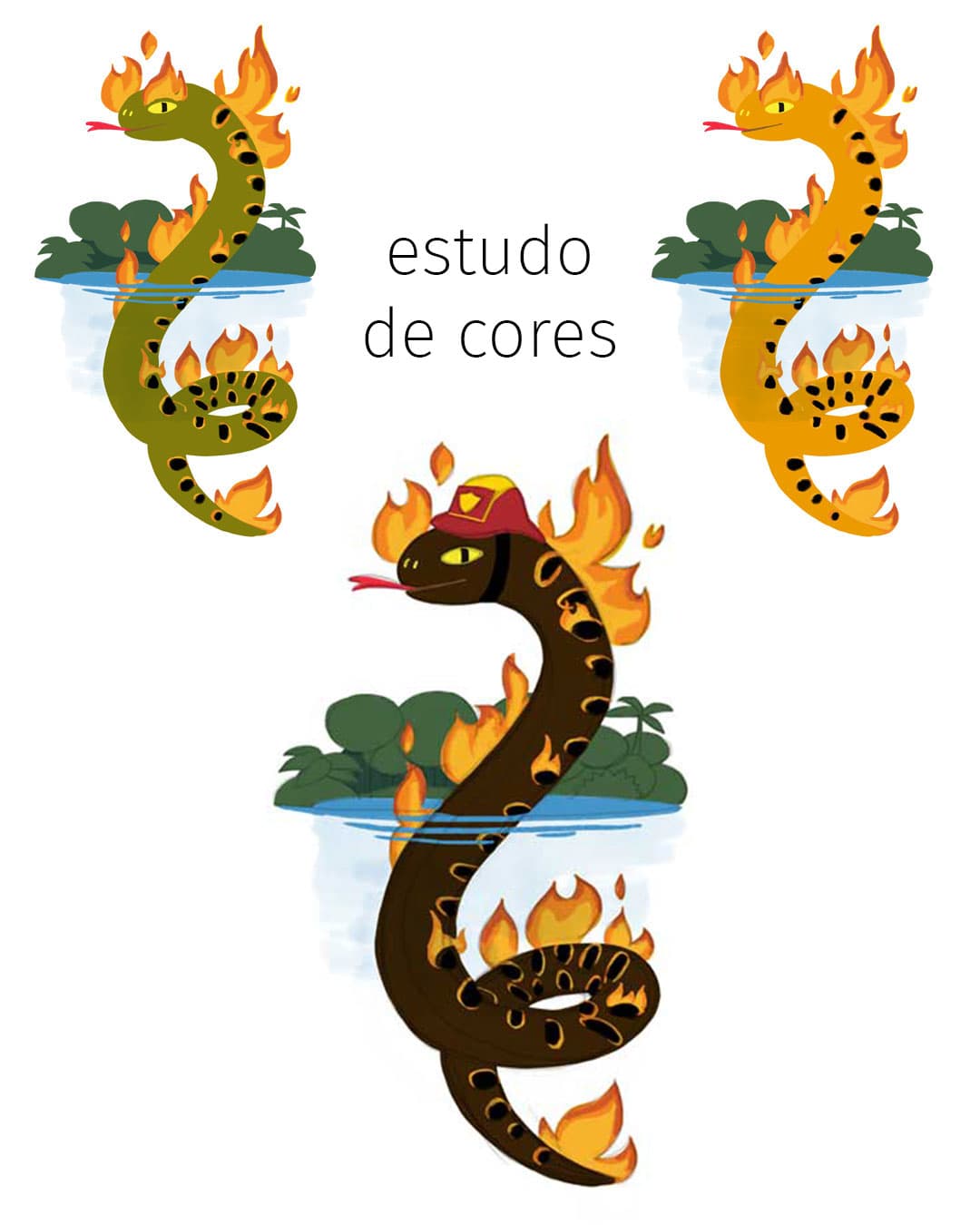 Estudo de cores da ilustração do Boitatá