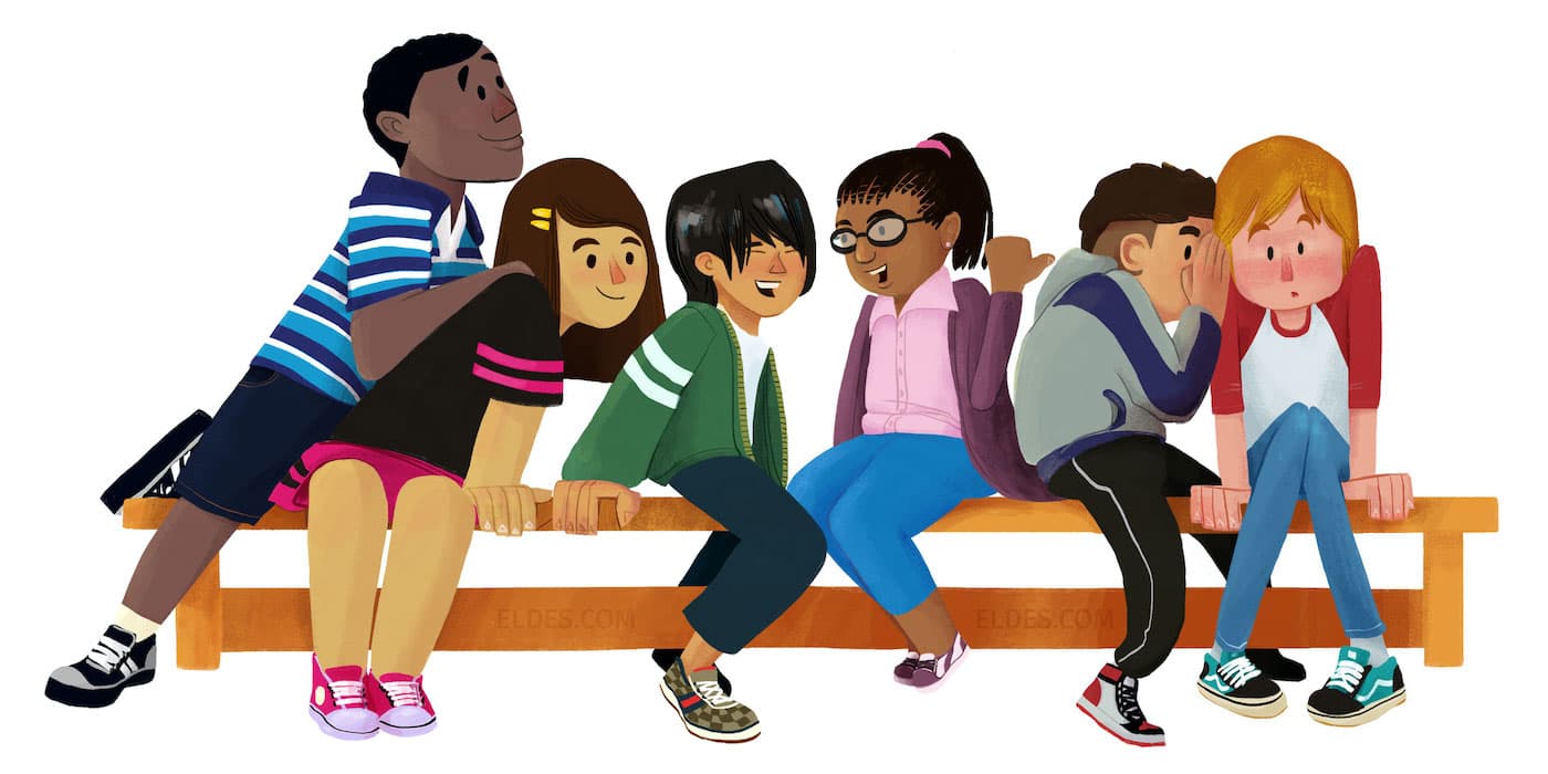 Illustration of children playing broken telephone