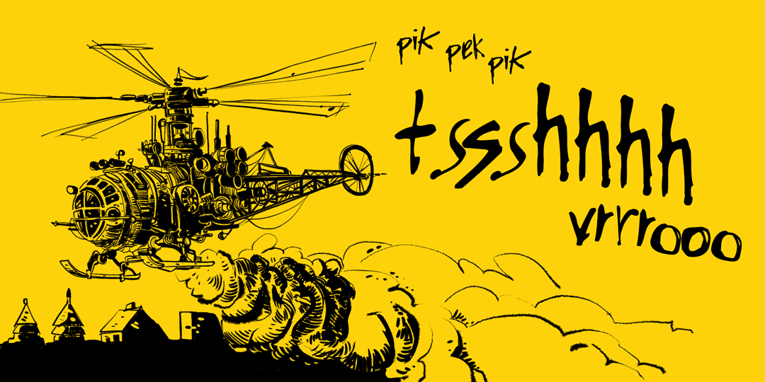 Comics-style steampunk poster with ink illustration of helicopter over yellow background — Gritty Ink onomatopoeias showcasing automatic alternates with repeated letters