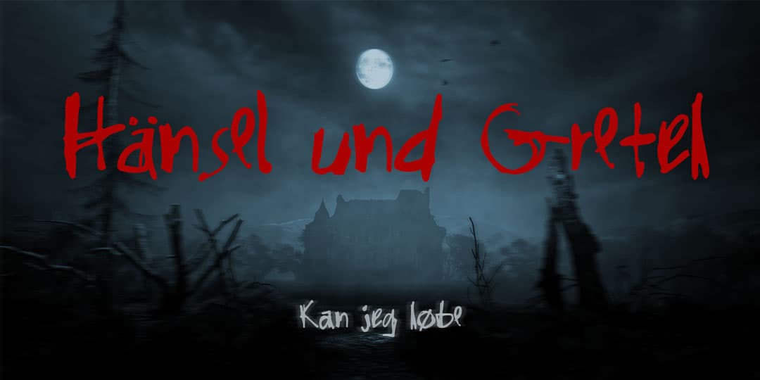 "Hänsel und Gretel" horror poster: nighttime photo of house in forest with full moon, title in red Gritty Ink — terror use case with diacritic support for German audiences