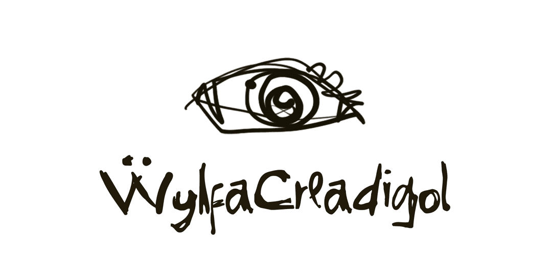 "ẅylfaCreadigol" logotype with sketched eye icon, created with Gritty Ink — brand identity use case with diacritic support
