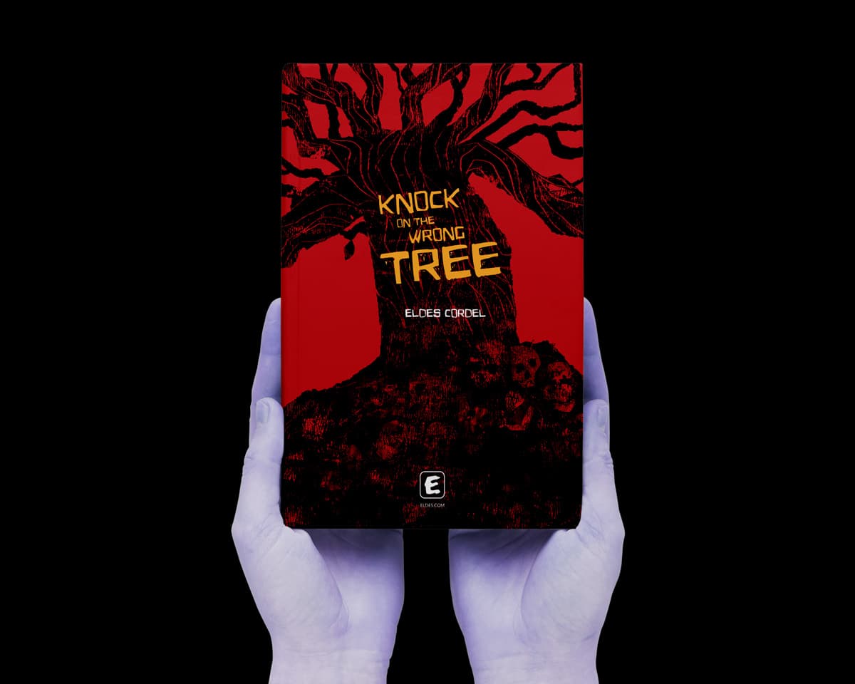 Eldes Cordel as a horror font — book cover illustration in woodcut style