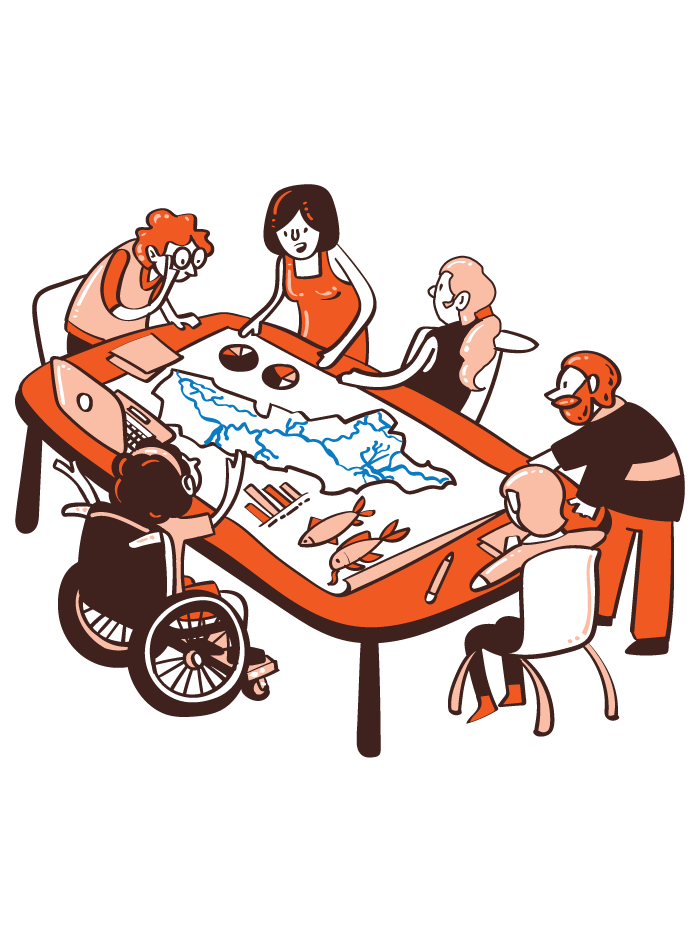 Ilustração do volume 4 - Pessoas reunidas em volta de uma mesa discutindo sobre as bacias hidrográficas