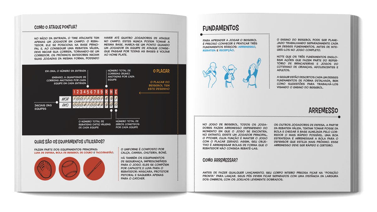 Mockup show pages 10 and 11 (Score, equipament, fundamentals and pitching)