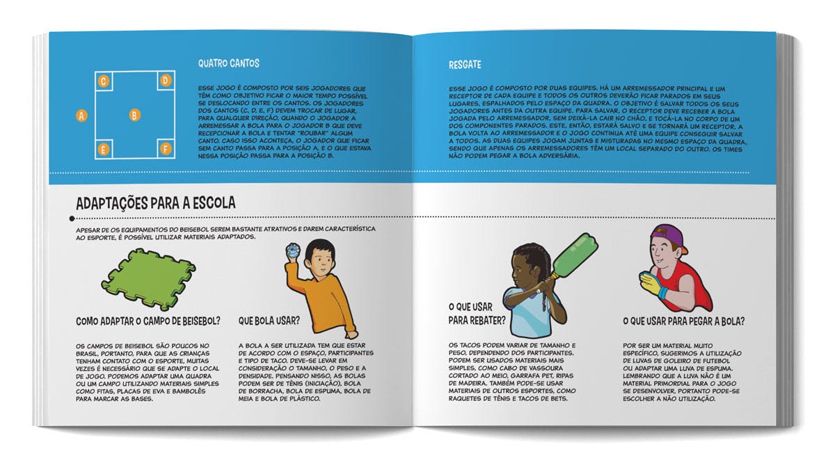 Mockup show pages 16 and 17 (Games to learning baseball and adaptation alternatives of equipments for School)